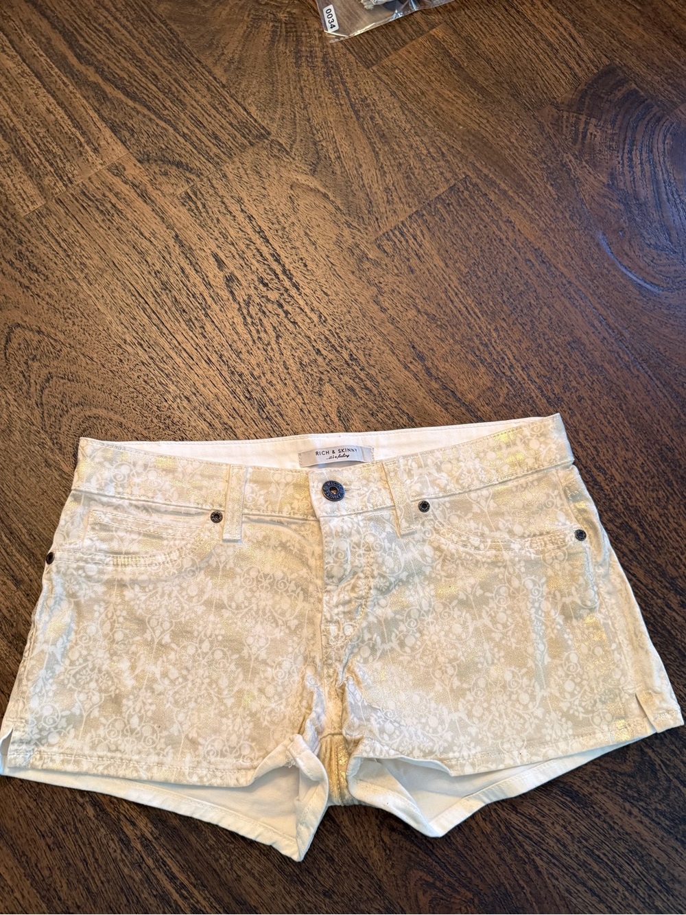 Rich & Skinny Gold Lace-Print Denim Shorts